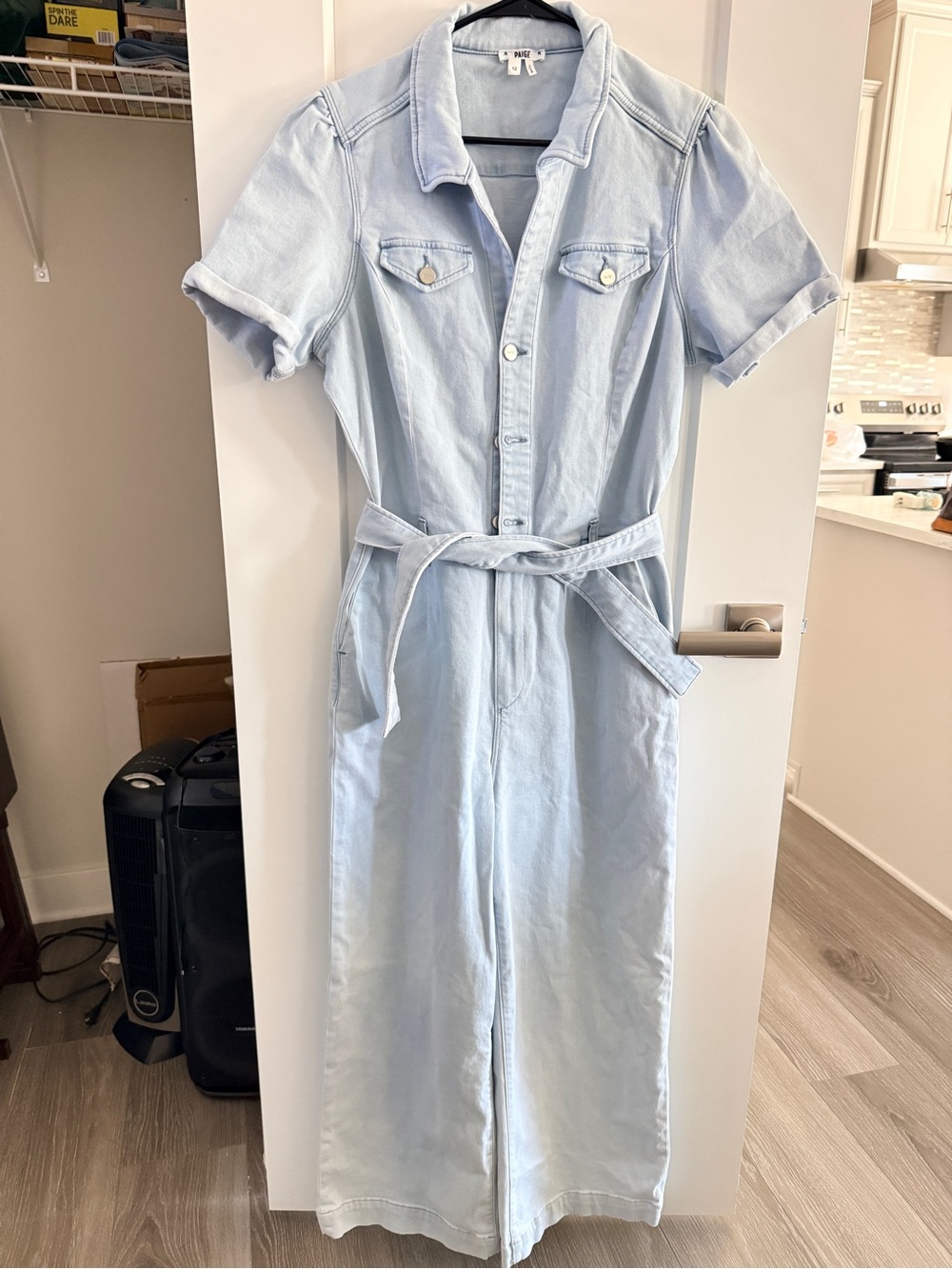 PAIGE Light Blue Denim Short-Sleeve Jumpsuit with Self Tie Belt